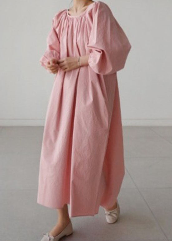 Pink O-neck Wrinkled Cotton Holiday Dress Spring
