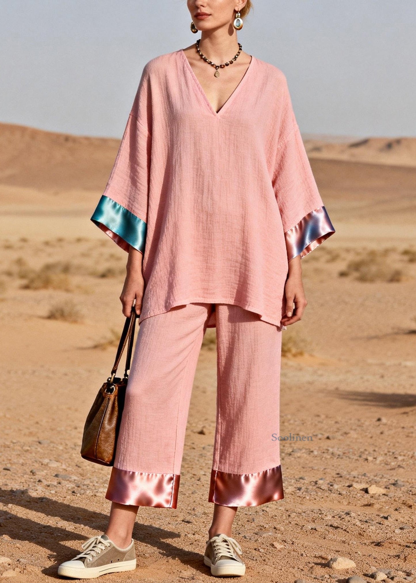 Pink Oversized Tops and Crop Pants Silk Patchwork Two Pieces Set V Neck