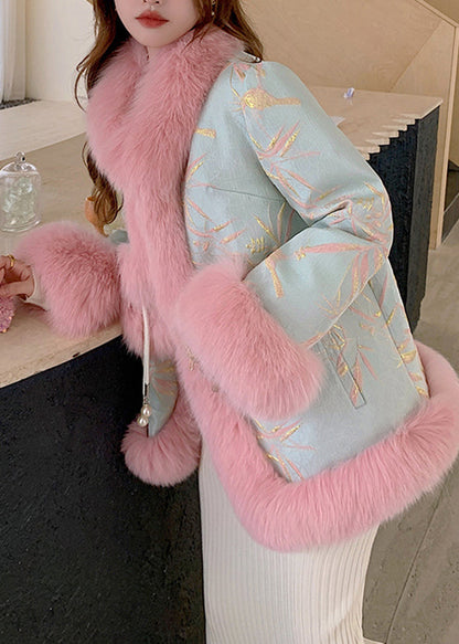Pink Patchwork Button Leather and Fur Coats Long Sleeve