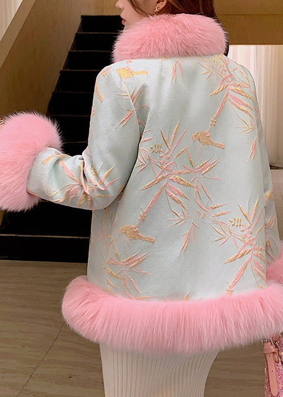 Pink Patchwork Button Leather and Fur Coats Long Sleeve