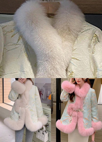 Pink Patchwork Button Leather and Fur Coats Long Sleeve
