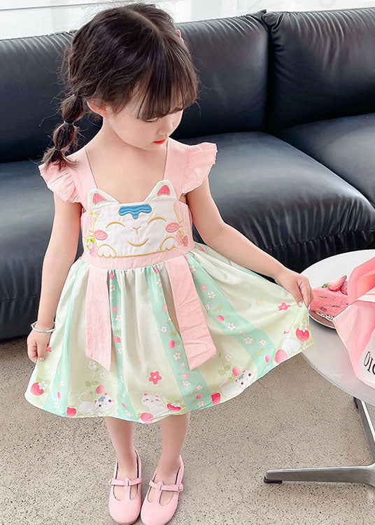 Pink Patchwork Cotton Baby Dresses Embroideried Wrinkled Summer