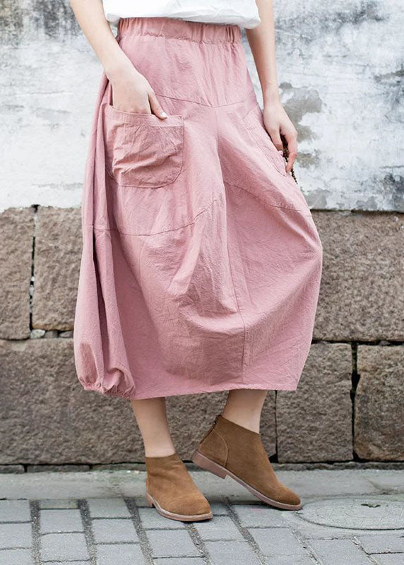 Pink Patchwork Linen a Line Skirt Pockets Color Fall