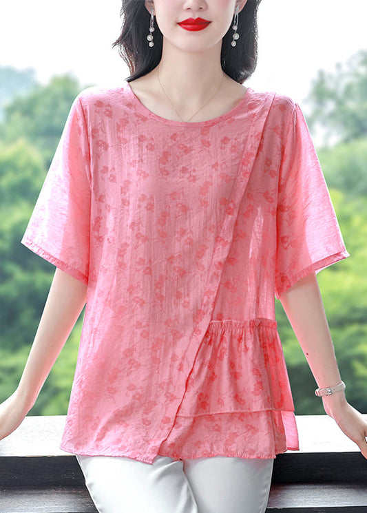 Pink Patchwork Linen Blouses Asymmetrical O-neck Ruffled Summer