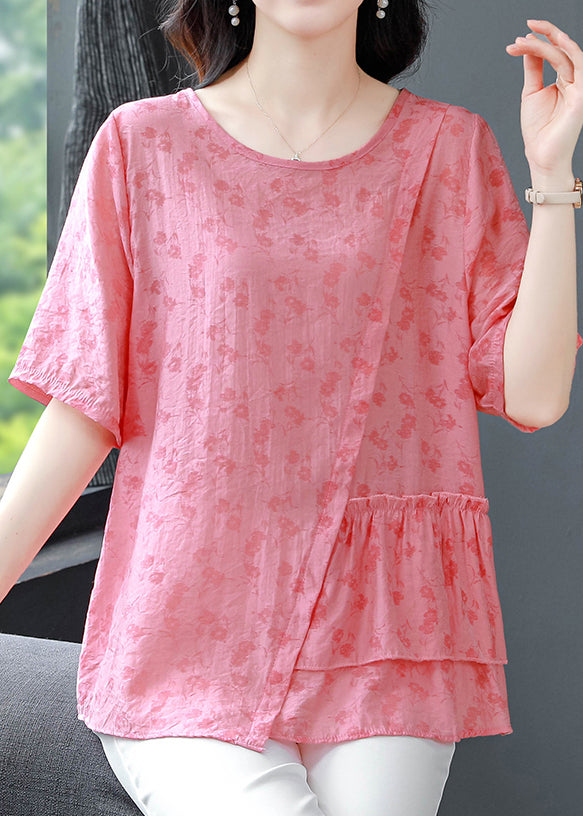 Pink Patchwork Linen Blouses Asymmetrical O-neck Ruffled Summer