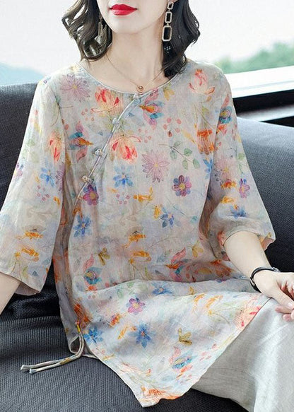 Pink Patchwork Tops and Pants Linen Two Pieces Set Button Summer
