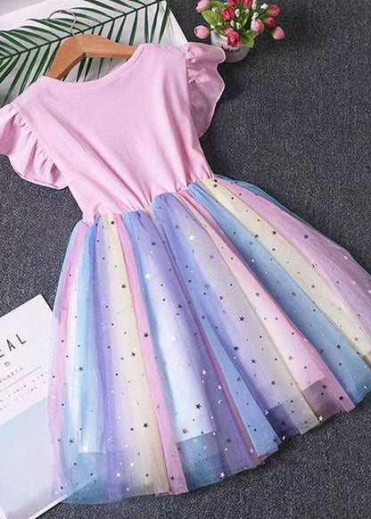 Pink Patchwork Tulle Baby Dress Pony Sequins Wrinkled Summer