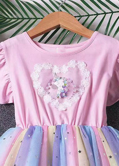 Pink Patchwork Tulle Baby Dress Pony Sequins Wrinkled Summer