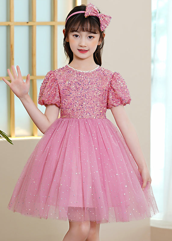 Pink Patchwork Tulle Kids Maxi Dresses Sequins Exra Large Hem Puff Sleeve