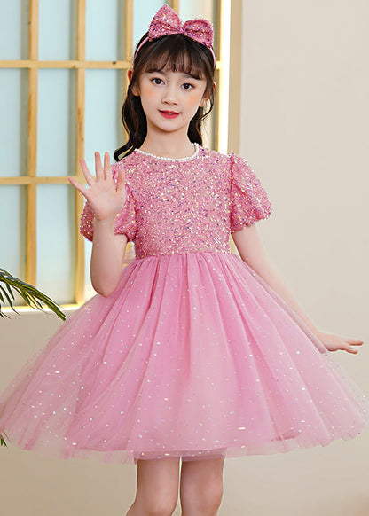 Pink Patchwork Tulle Kids Maxi Dresses Sequins Exra Large Hem Puff Sleeve