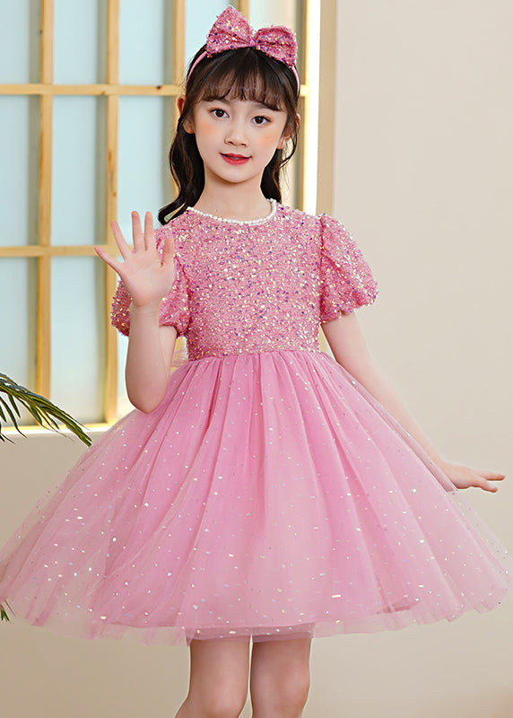 Pink Patchwork Tulle Kids Maxi Dresses Sequins Exra Large Hem Puff Sleeve