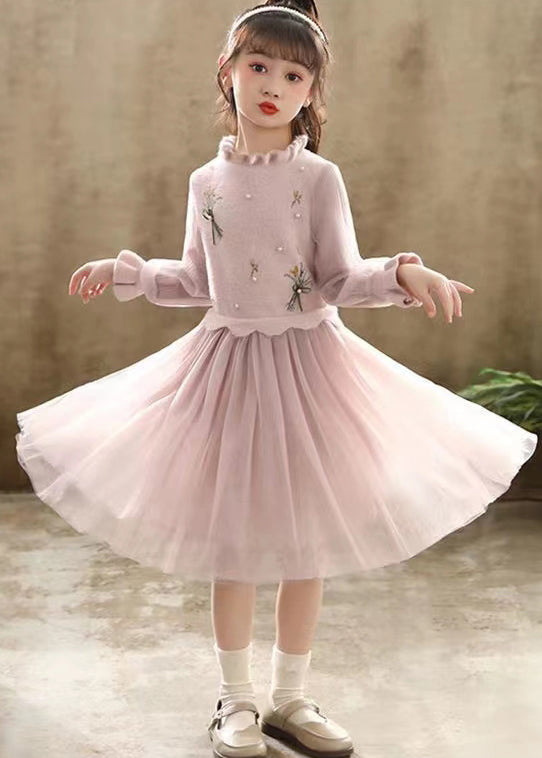 Pink Patchwork Tulle Kids Princess Dress Ruffled Nail Bead Fall