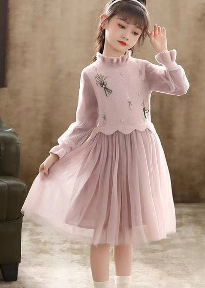 Pink Patchwork Tulle Kids Princess Dress Ruffled Nail Bead Fall