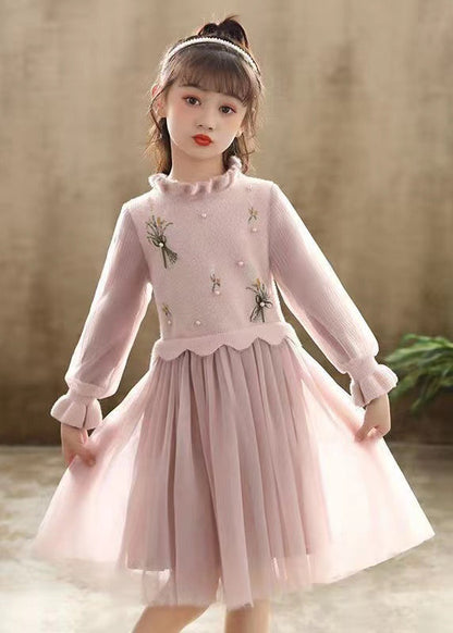Pink Patchwork Tulle Kids Princess Dress Ruffled Nail Bead Fall