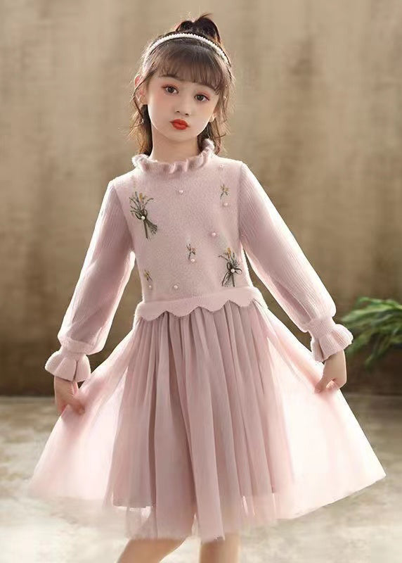 Pink Patchwork Tulle Kids Princess Dress Ruffled Nail Bead Fall