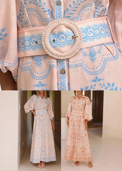 Pink Peter Pan Collar Button Long Dresses Fall