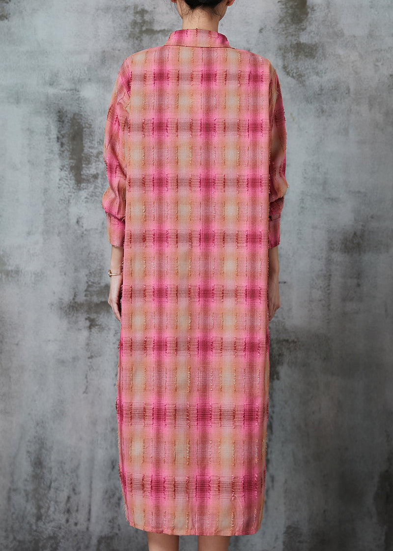 Pink Plaid Cotton Long Shirt Oversized Spring