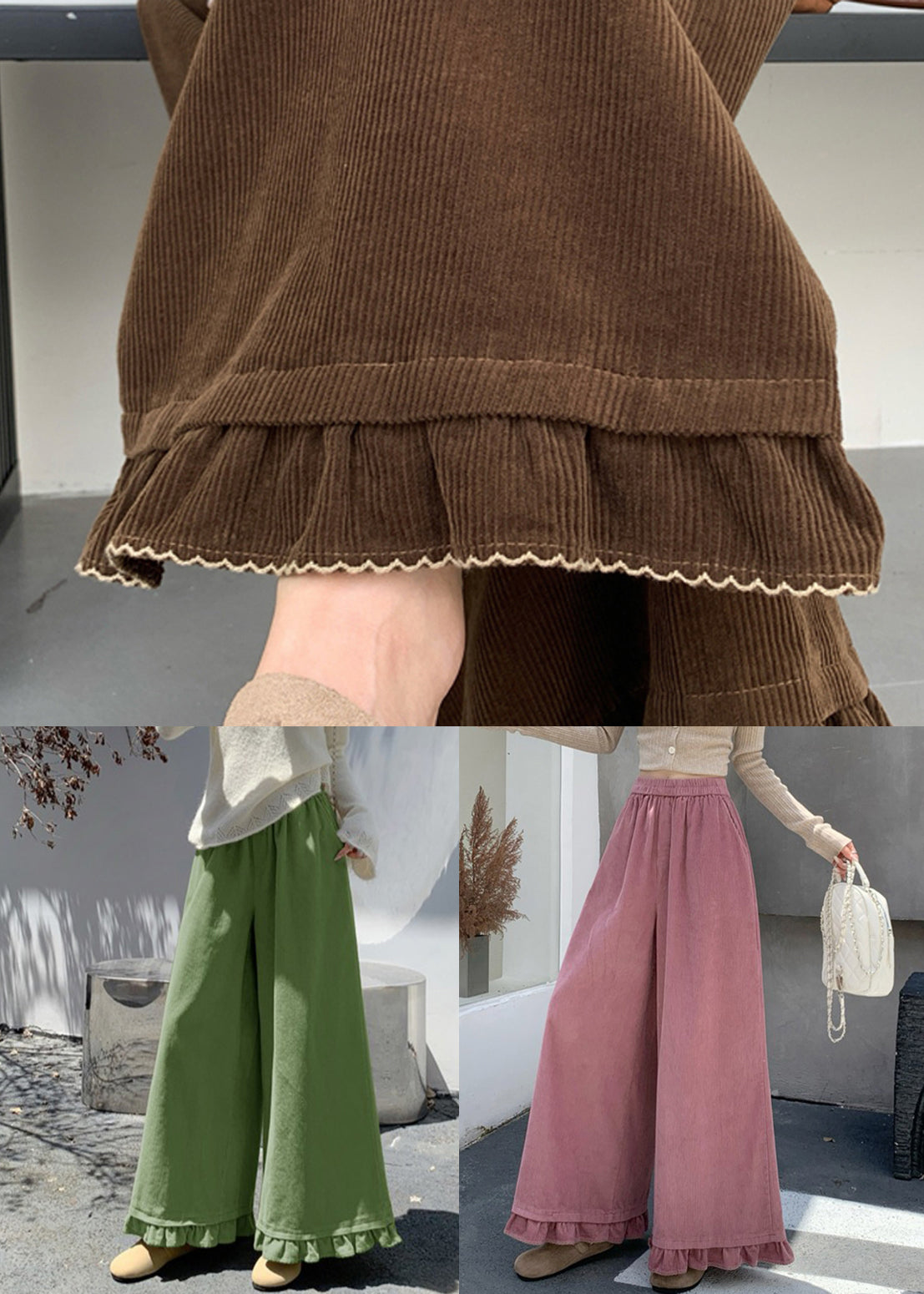 Pink Pockets Elastic Waist Corduroy Fall Pants Ruffled
