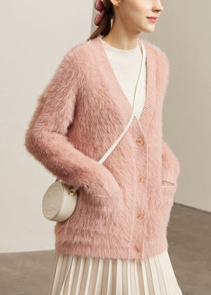 Pink Pockets Mink Velvet Cardigan V Neck Spring
