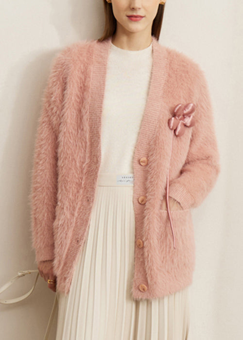 Pink Pockets Mink Velvet Cardigan V Neck Spring