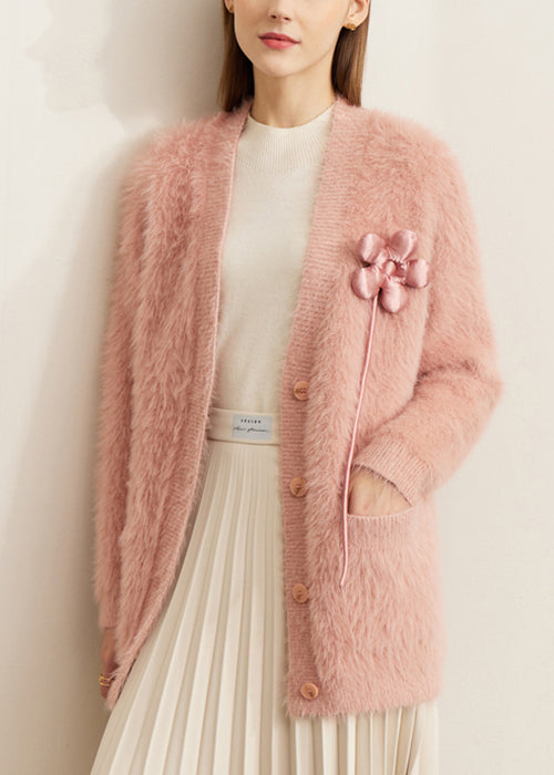 Pink Pockets Mink Velvet Cardigan V Neck Spring