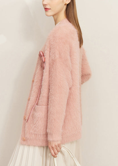Pink Pockets Mink Velvet Cardigan V Neck Spring