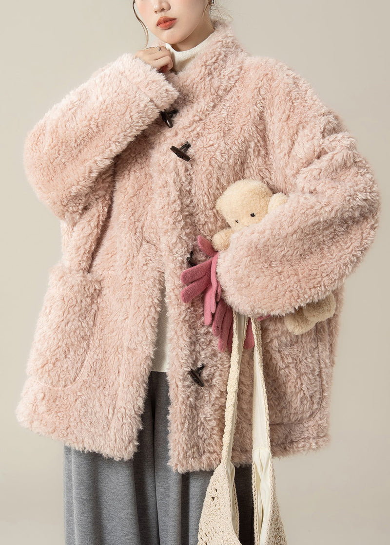 Pink Pockets Teddy Faux Fur Coat Stand Collar