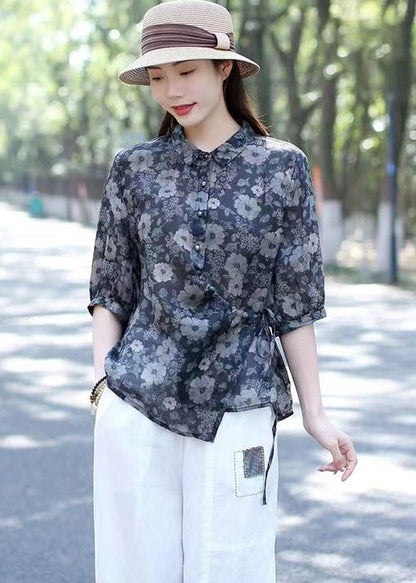 Pink Print Button Linen Shirts Tops Peter Pan Collar Lace Up Summer
