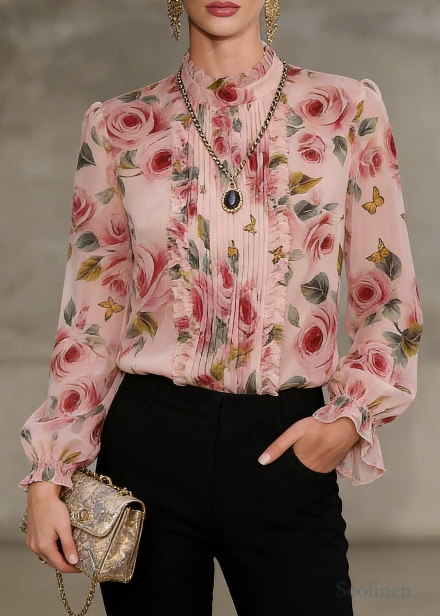 Pink Print Chiffon Blouse Tops Stand Collar Wrinkled Spring
