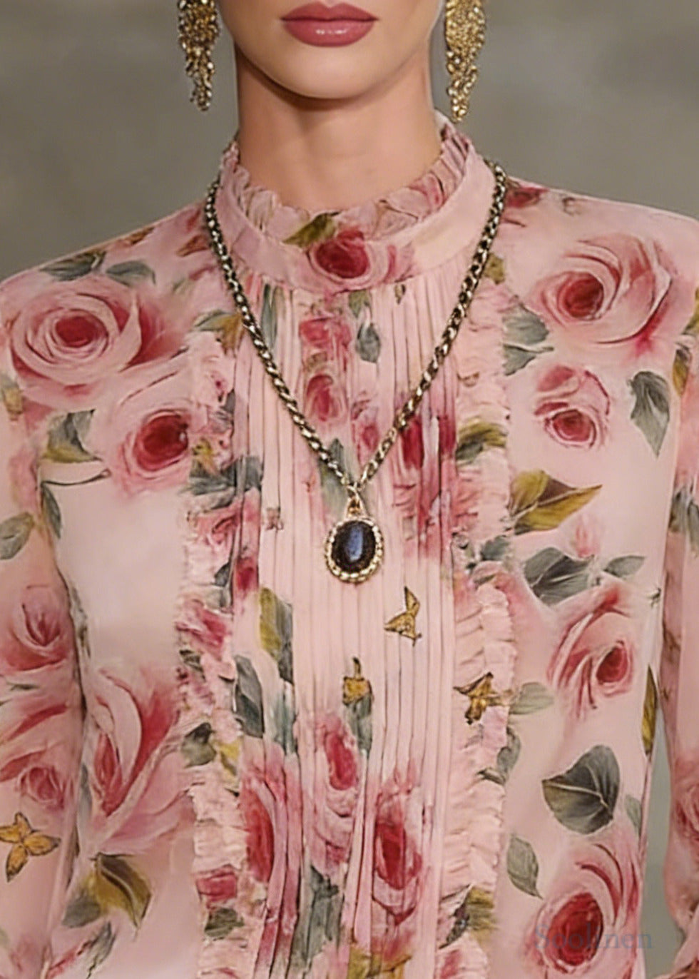 Pink Print Chiffon Blouse Tops Stand Collar Wrinkled Spring