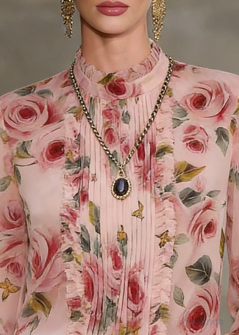 Pink Print Chiffon Blouse Tops Stand Collar Wrinkled Spring