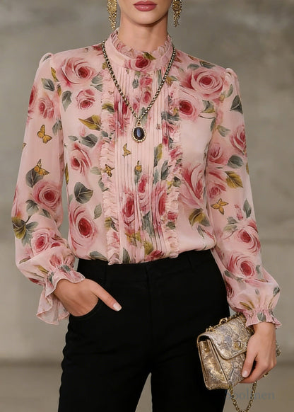 Pink Print Chiffon Blouse Tops Stand Collar Wrinkled Spring