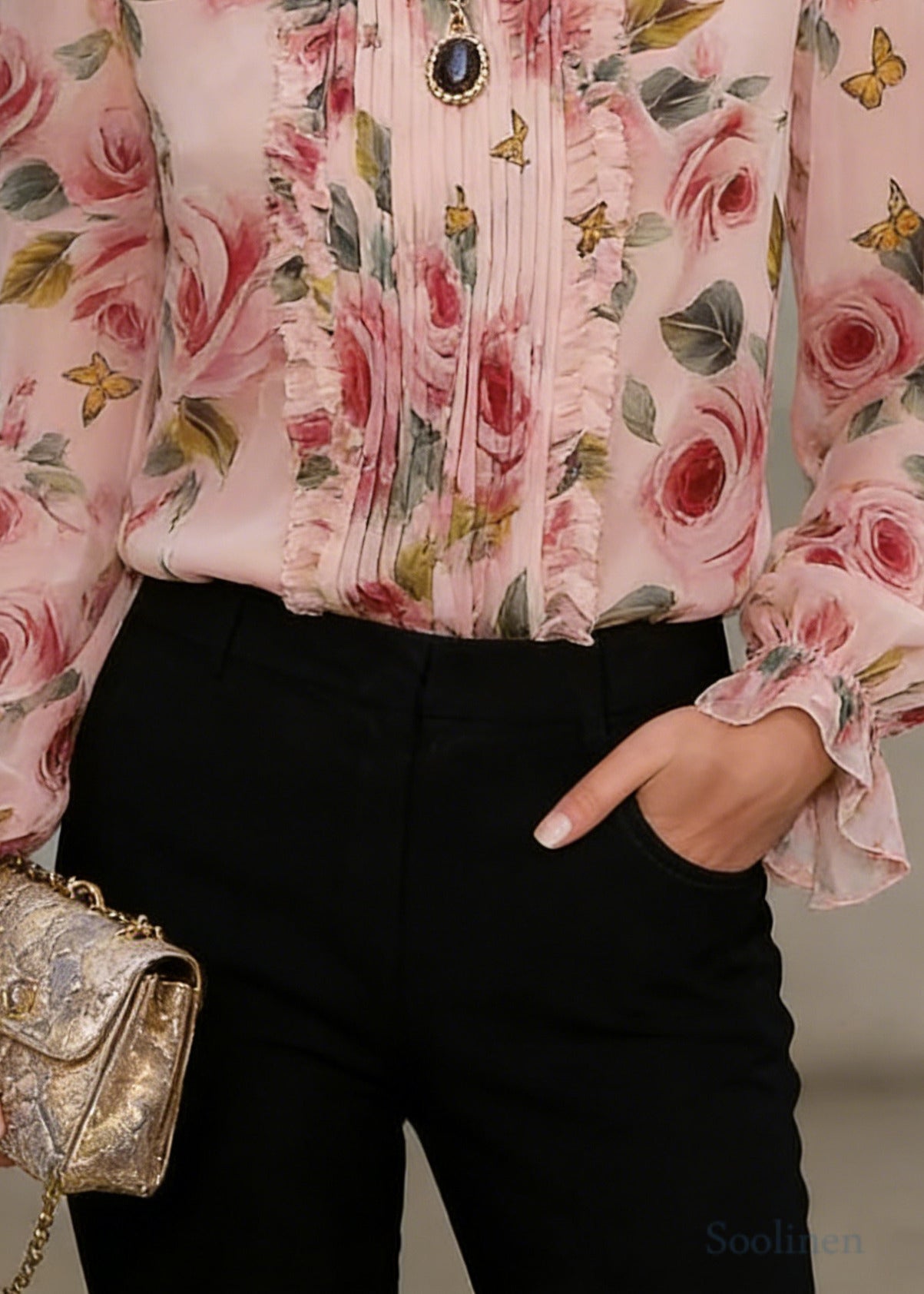 Pink Print Chiffon Blouse Tops Stand Collar Wrinkled Spring