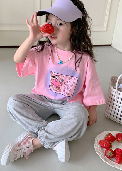 Pink Print Cotton Baby T Shirts Top O Neck Summer