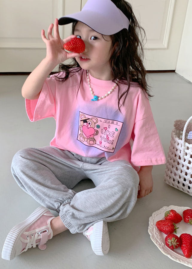 Pink Print Cotton Baby T Shirts Top O Neck Summer