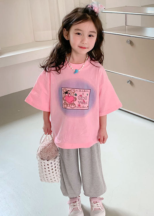 Pink Print Cotton Baby T Shirts Top O Neck Summer