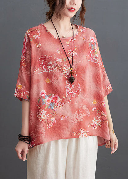 Pink Print Linen Loose Tank O-neck Low High Design Half Sleeve