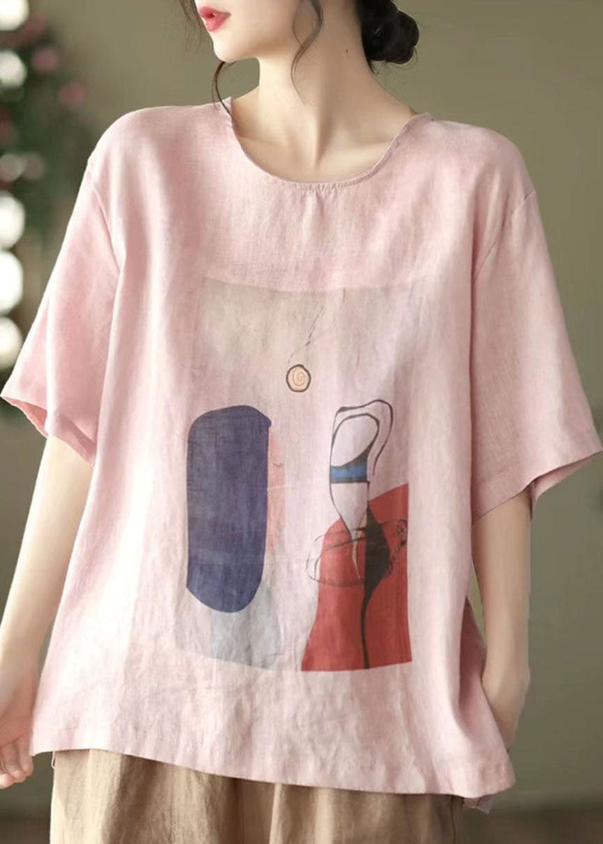 Pink Print Loose Linen Tank Tops O-neck Short Sleeve
