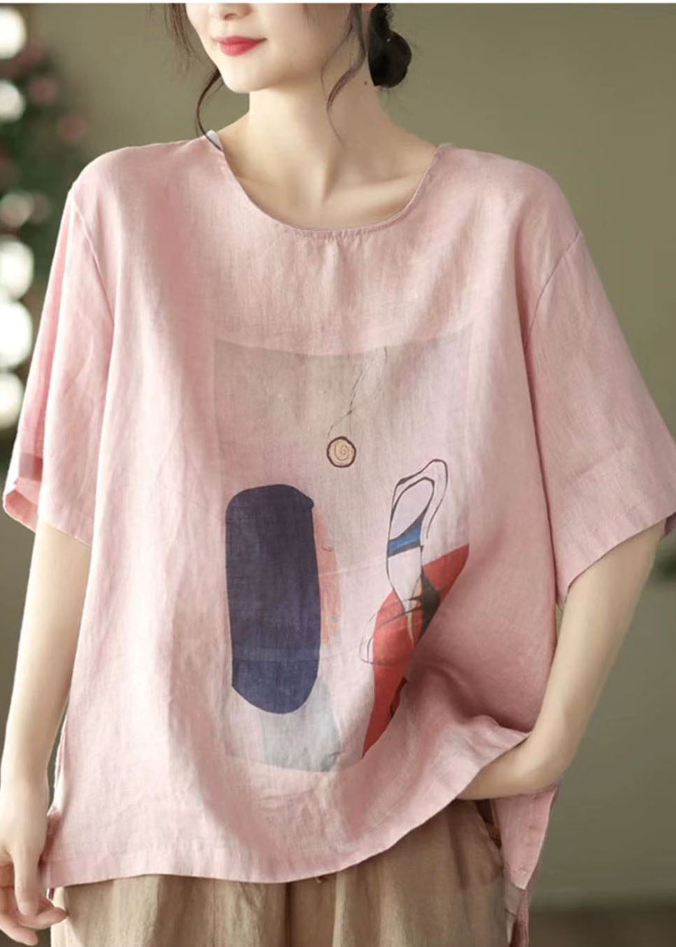 Pink Print Loose Linen Tank Tops O-neck Short Sleeve