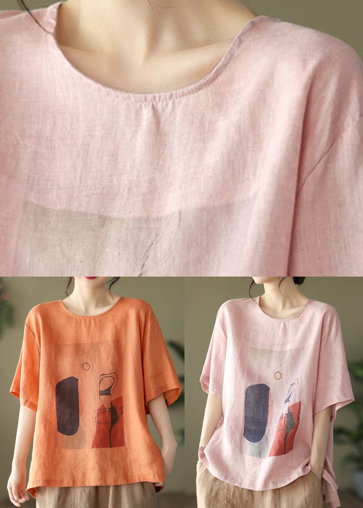 Pink Print Loose Linen Tank Tops O-neck Short Sleeve