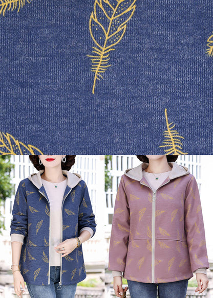 Pink Print Pockets Hooded Jacket Lantern Sleeve