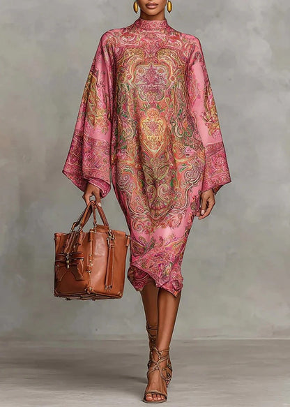 Pink Print Silk Dress Stand Collar Flare Sleeve