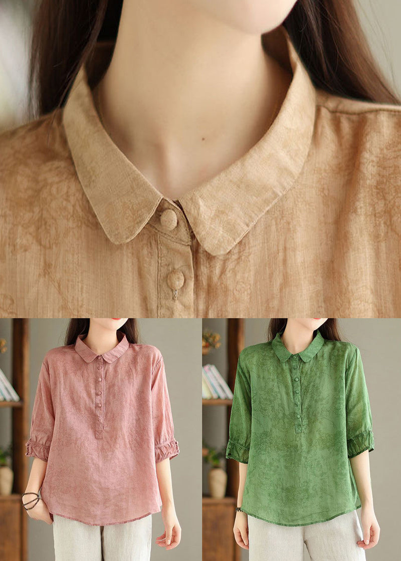 Pink Print Linen Top Button Half Sleeve