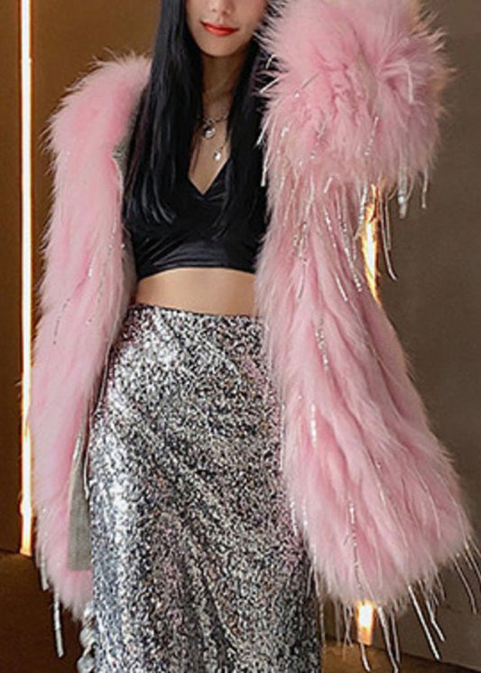 Pink Faux Fur Collar Button Leather and Fur Long Coats Winter