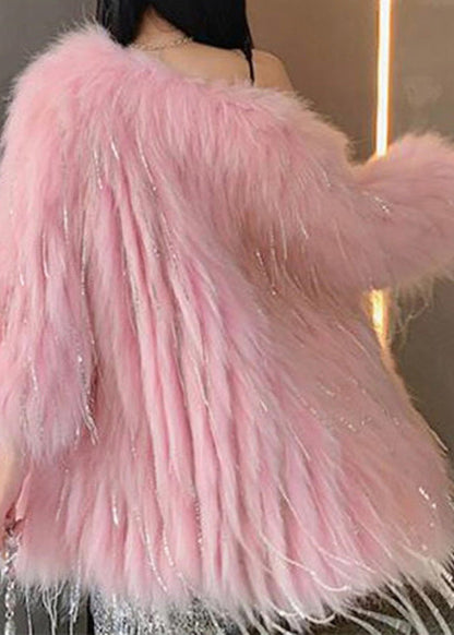 Pink Faux Fur Collar Button Leather and Fur Long Coats Winter