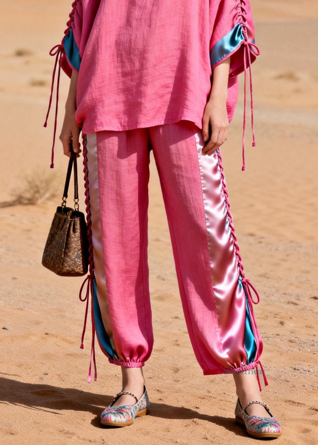 Pink Shirts and Crop Pants Silk Patchwork Two Piece Set Cinched Summer