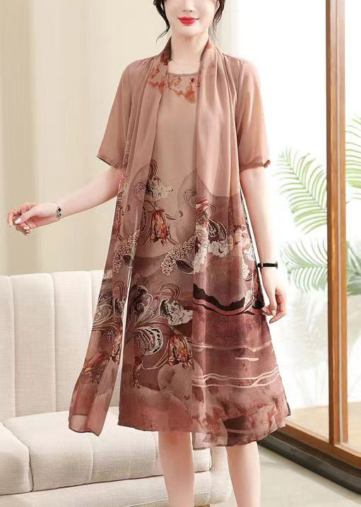 Pink Side Open Print Chiffon Dress O-neck Short Sleeve