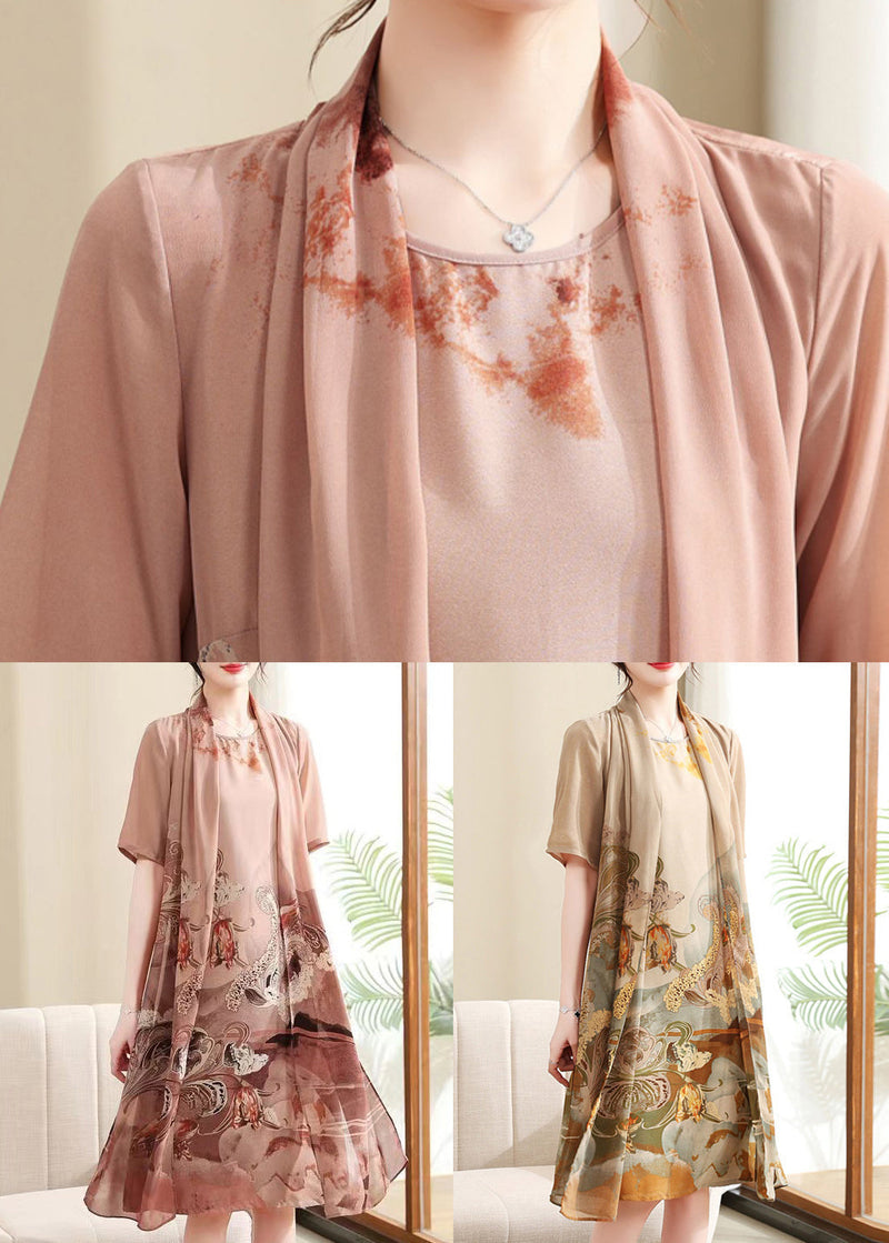 Pink Side Open Print Chiffon Dress O-neck Short Sleeve