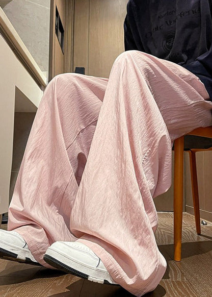 Pink Ice Silk Summer Wide Leg Pants Elastic Waist