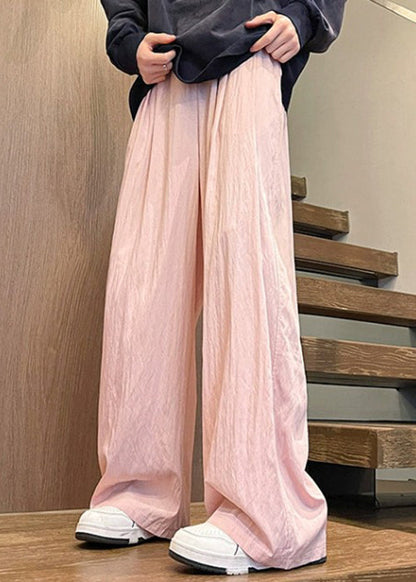 Pink Ice Silk Summer Wide Leg Pants Elastic Waist